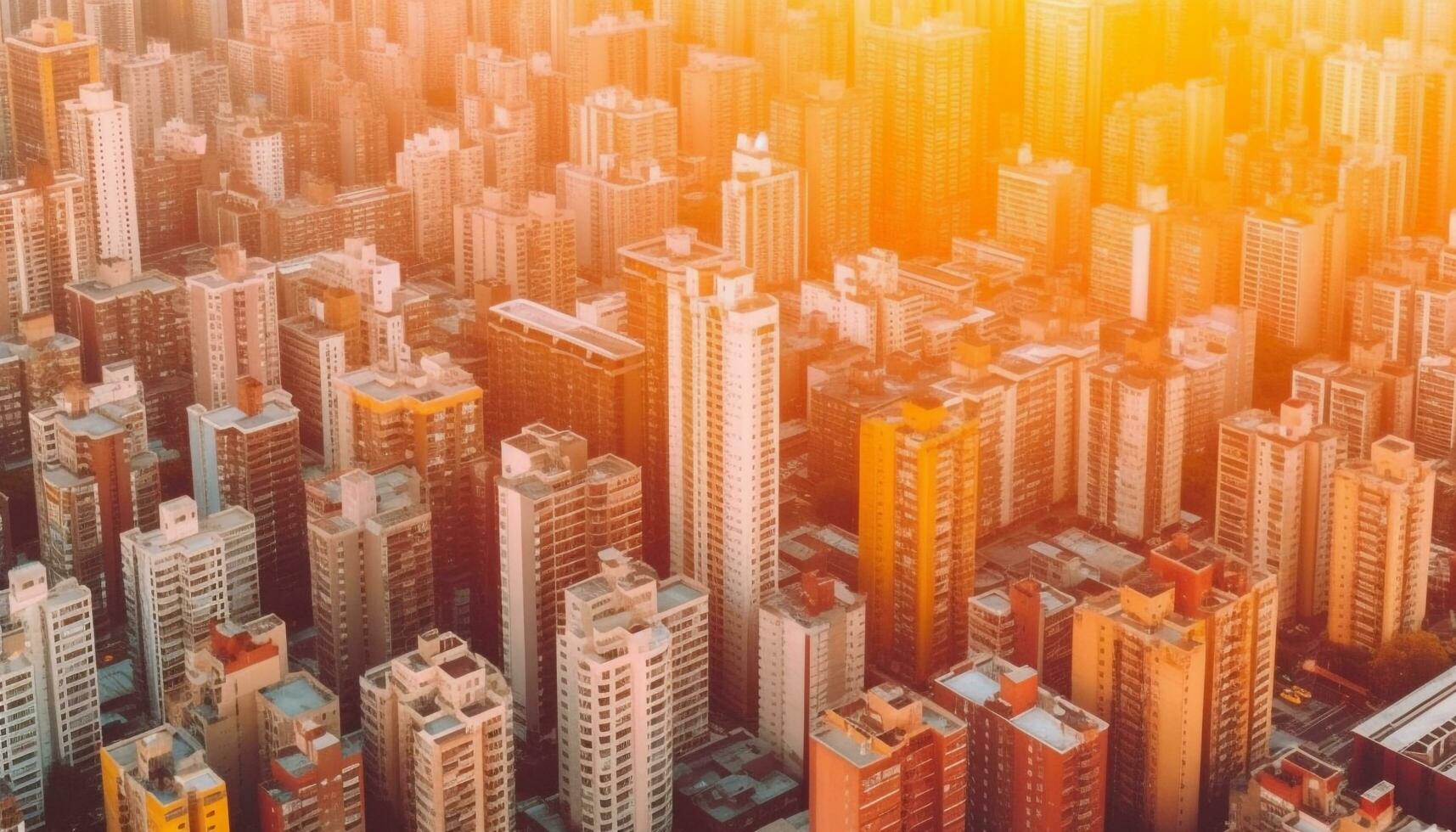 modern Stadt Horizont beleuchtet durch Sonnenuntergang, ein finanziell Kreis Wahrzeichen generiert durch ai foto