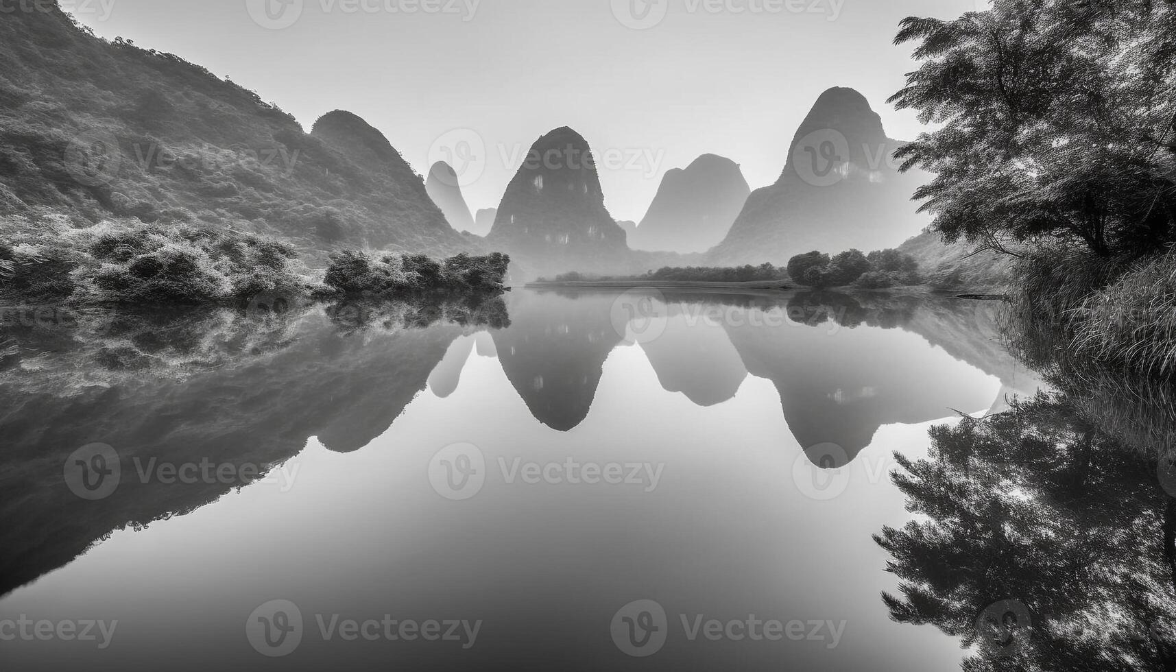 majestätisch Berg Gipfel reflektiert im still Karst Formation Wasser generiert durch ai foto