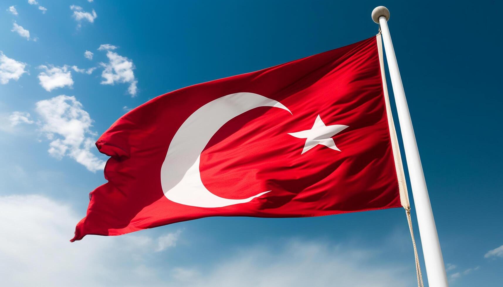 Türkisch Flagge fliegend hoch, winken mit Stolz im das Wind generiert durch ai foto