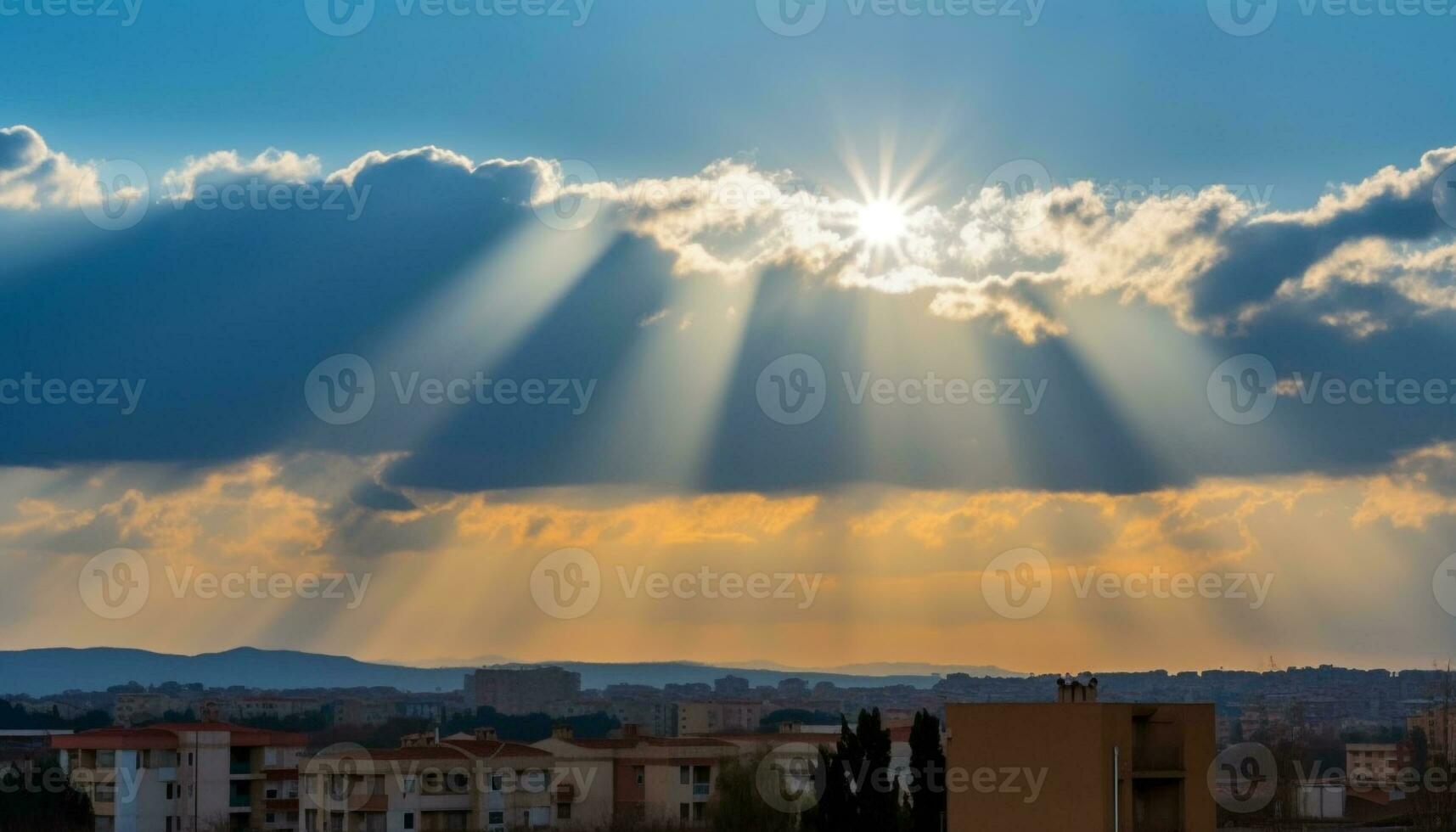 Sonnenuntergang Silhouette, Stadtbild zurück zündete durch beschwingt Gelb Himmel generiert durch ai foto