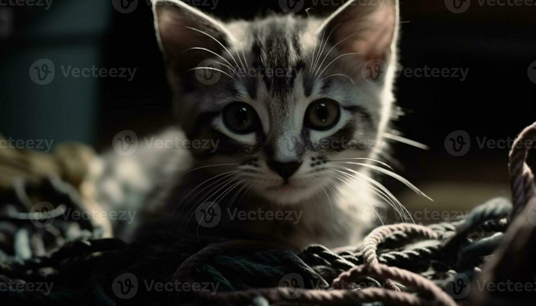 weich, flauschige Kätzchen starren charmant beim Kamera im komfortabel Entspannung generiert durch ai foto