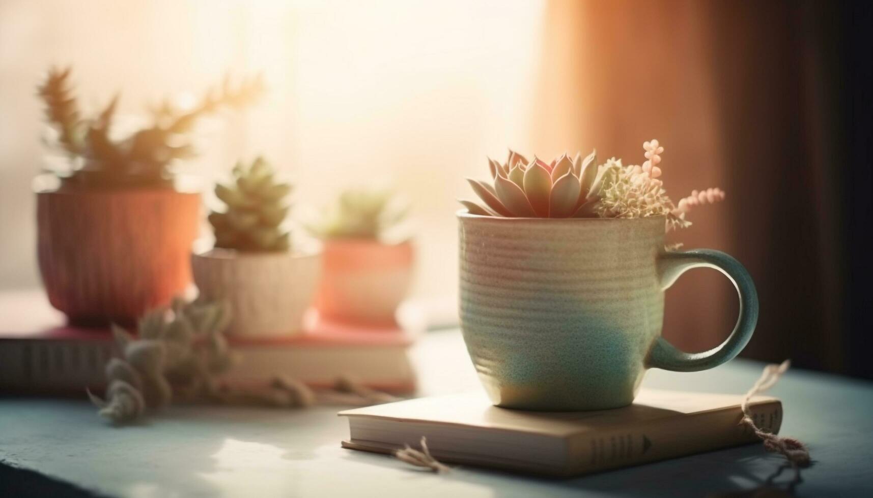 frisch Blume Topf auf hölzern Tisch, perfekt zum Entspannung generiert durch ai foto