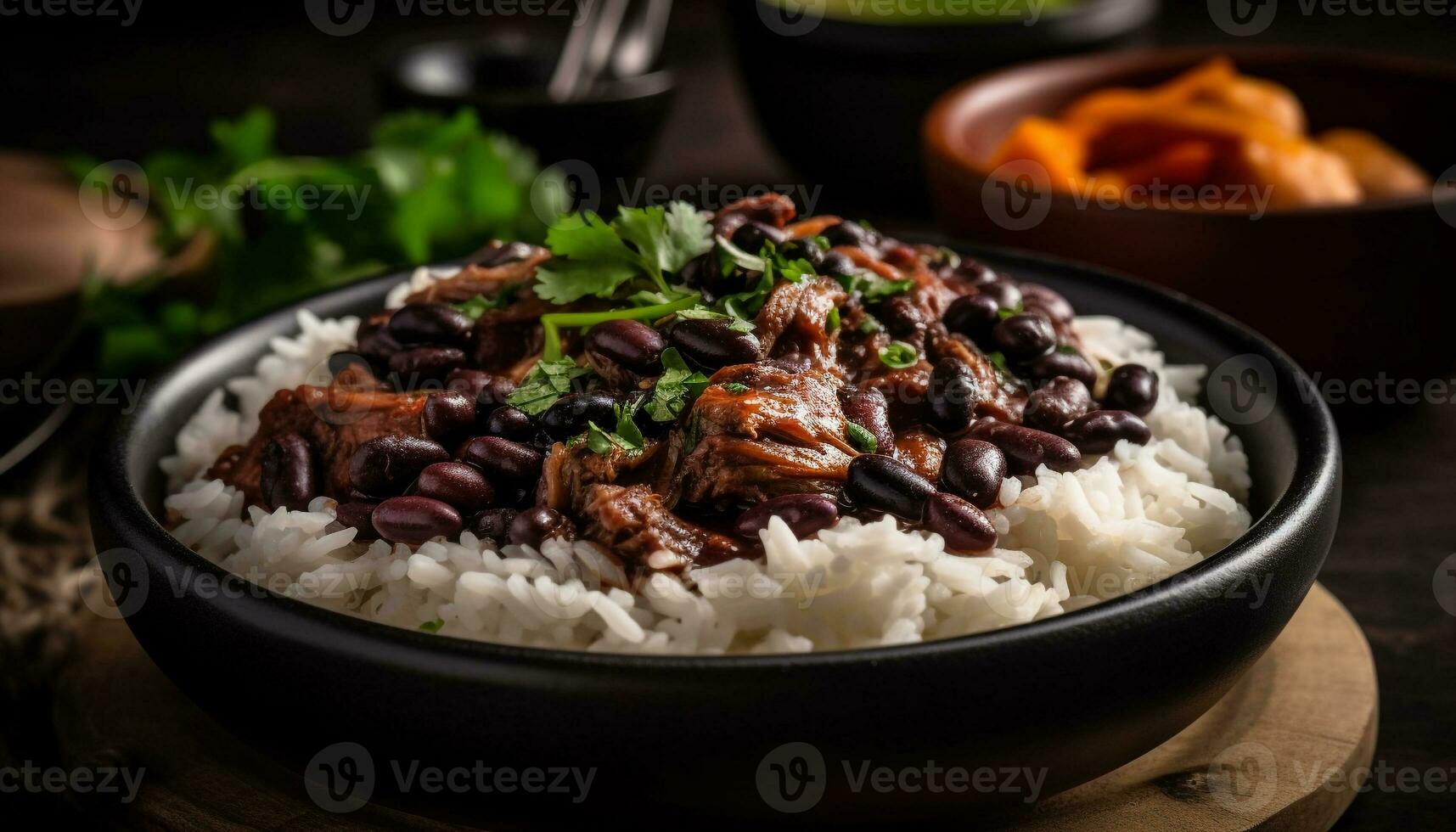 gegrillt Schweinefleisch und schwarz Bohne Salat, ein gesund Mittagessen Möglichkeit generiert durch ai foto