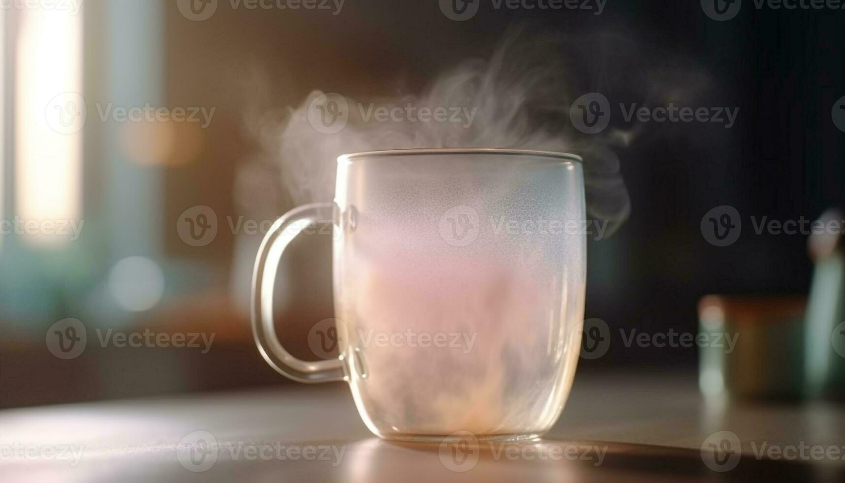 ein heiß Cappuccino im ein transparent Becher mit Dampf Luftblasen generiert durch ai foto