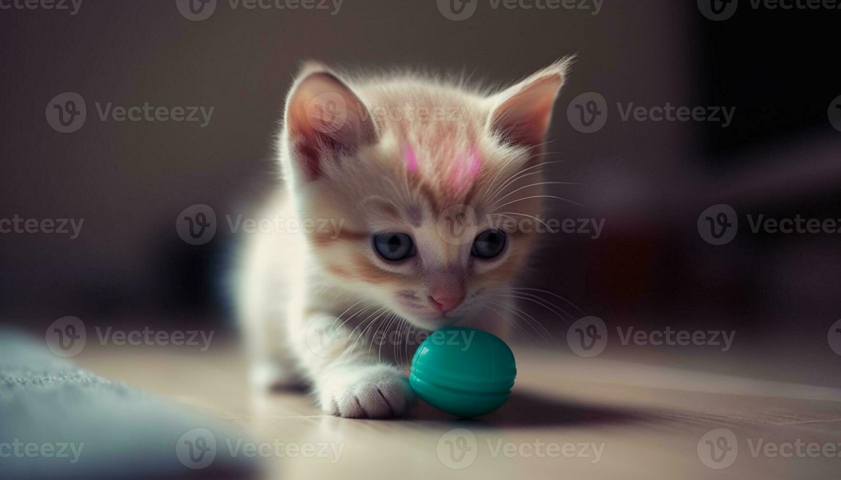 süß Kätzchen spielen mit Blau Ball, Fokus auf Vordergrund Spaß generiert durch ai foto