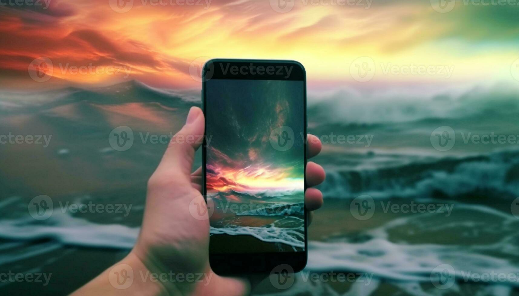 Mann halten tragbar Gerät erfasst Sonnenuntergang Schönheit mit berühren Bildschirm generiert durch ai foto