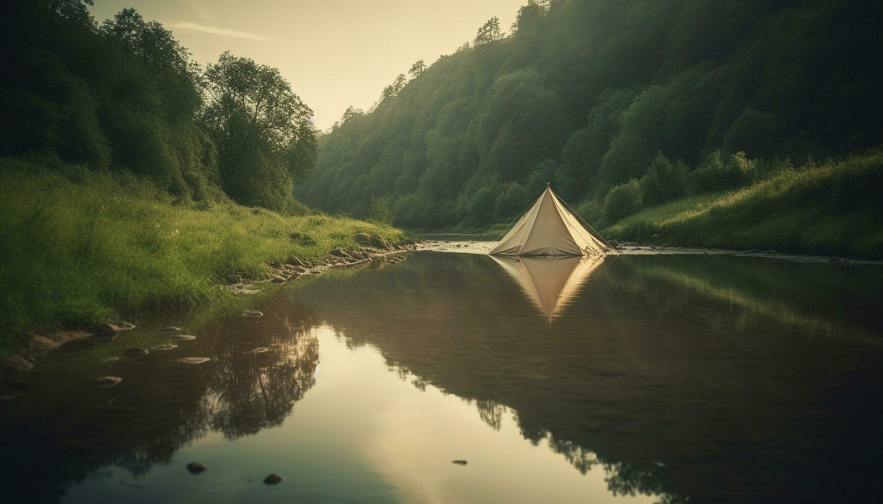 Abenteuer wartet im still Wiese, umgeben durch Berg Angebot generiert durch ai foto