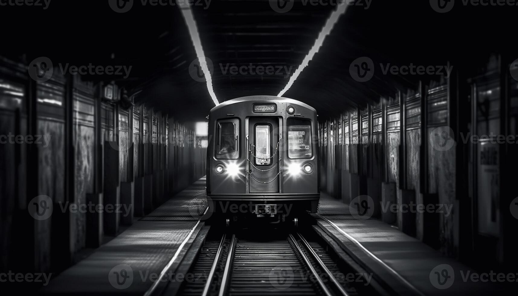 Innerhalb das U-Bahn Zug, das dunkel Stadt Leben reflektiert alt die Architektur generiert durch ai foto