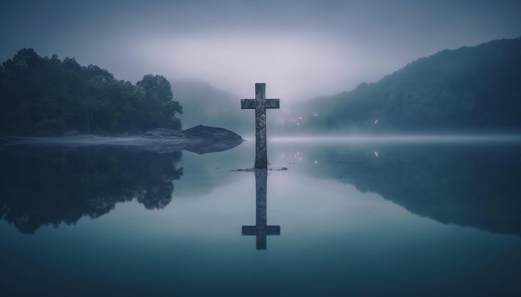 Silhouette von Kreuz im nebelig Berg Angebot symbolisiert Christentum Geheimnis generiert durch ai foto