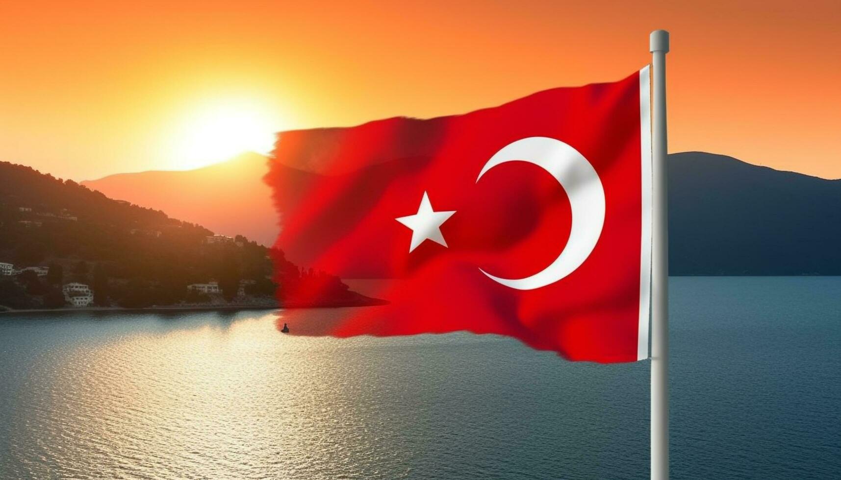 Türkisch Flagge winken majestätisch im das Sonnenuntergang Über das Küste generiert durch ai foto