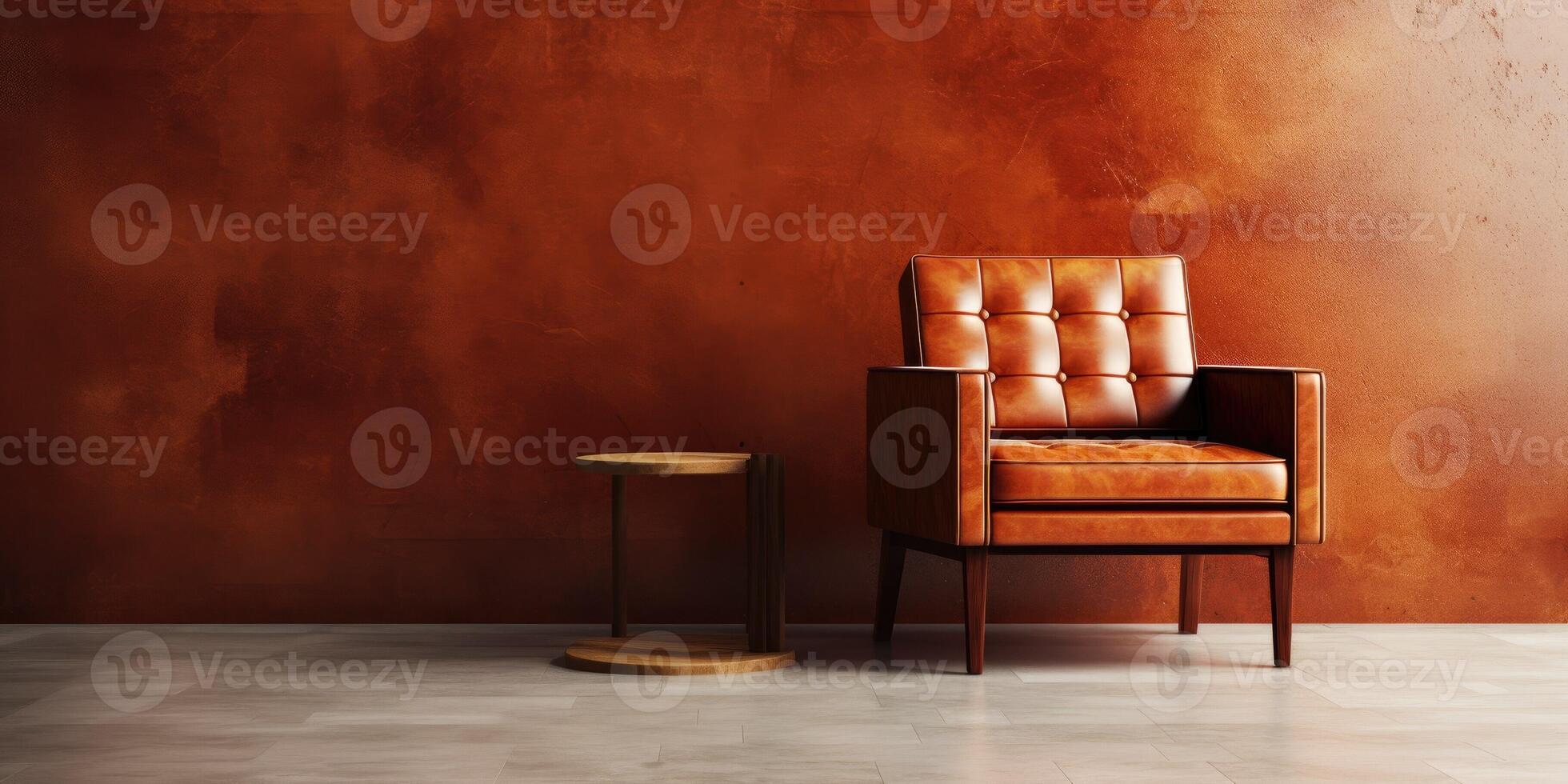 Reich Cognac braun Leder Sessel minimalistisch Innere Attrappe, Lehrmodell, Simulation modern Eleganz spotten oben Poster Rahmen Vorlage Kopieren Raum drucken Raum Hintergrund , ai generiert foto