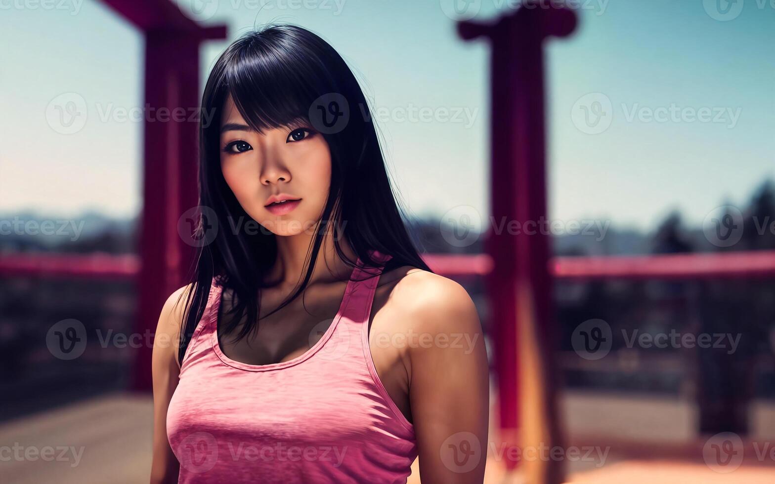 schön asiatisch Frau tragen Sport Outfit, generativ ai foto