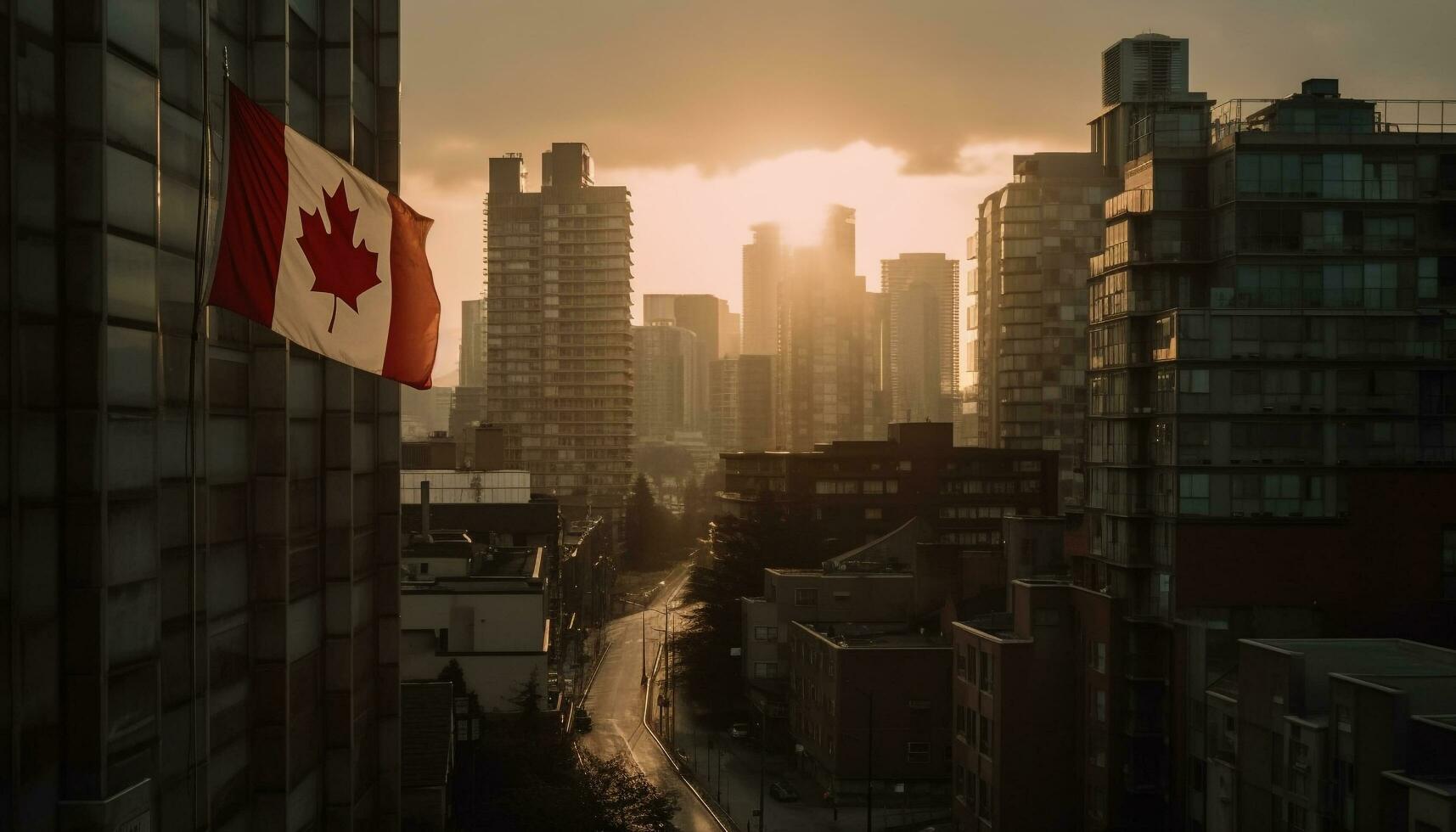 Stadt Leben beleuchtet durch Sonnenuntergang Betrachtung generiert durch ai foto