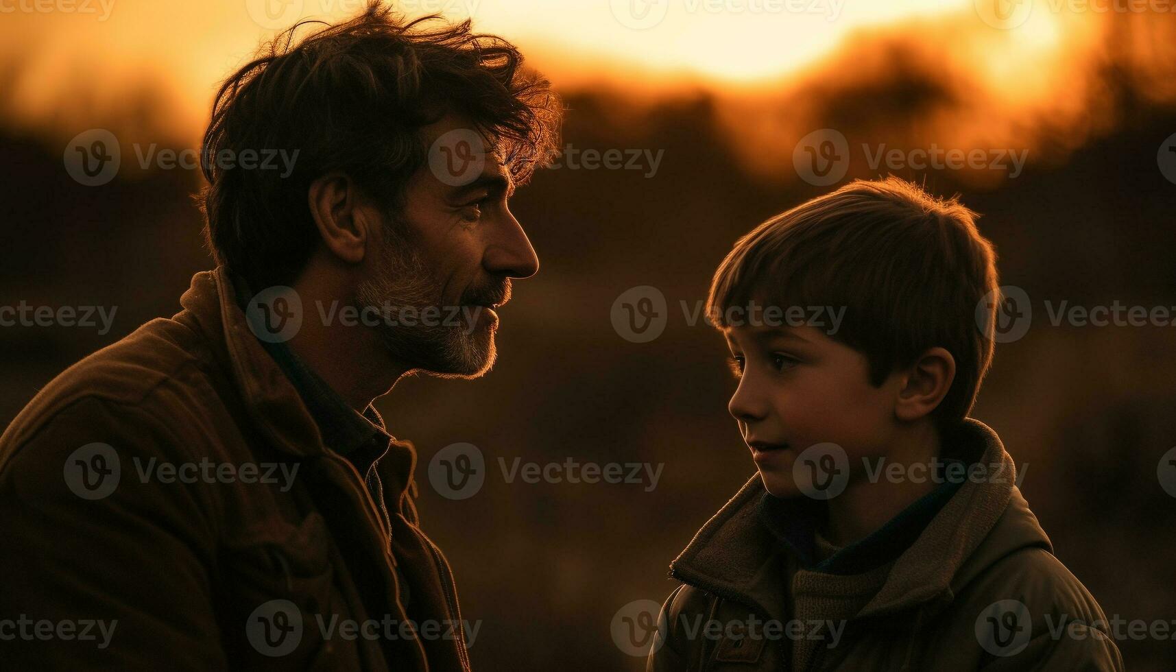 Vater und Sohn Umarmung im warm Sonnenuntergang generiert durch ai foto