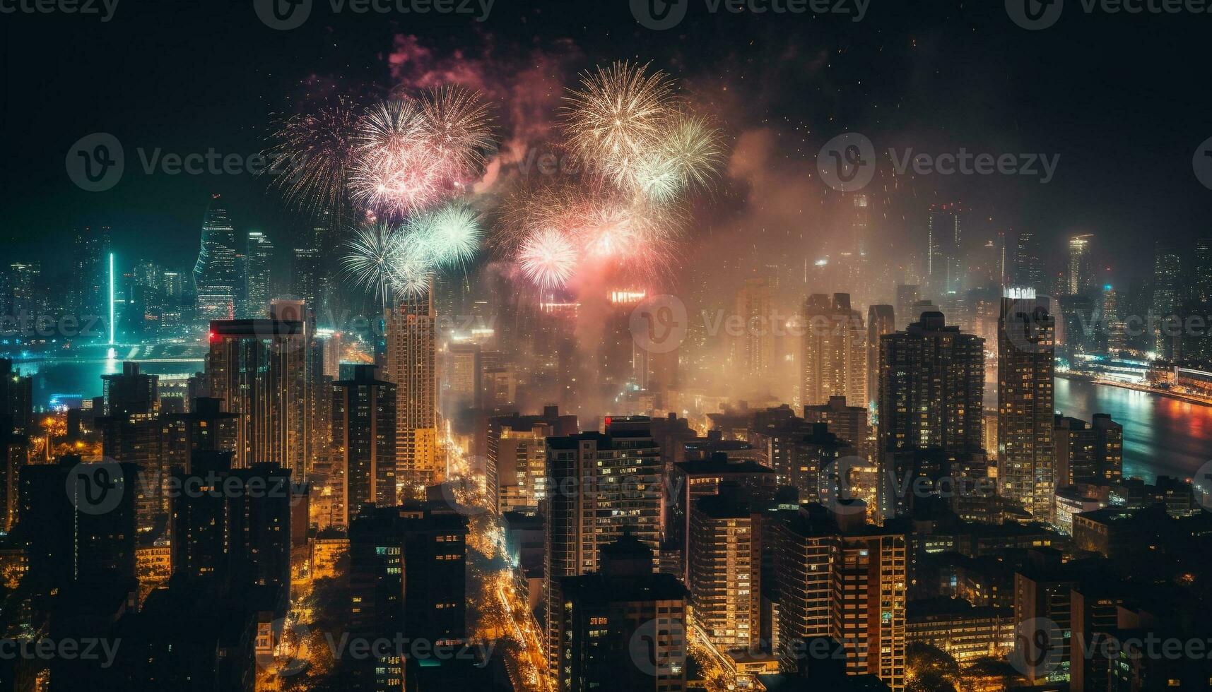 glühend Stadt Horizont entzündet sich mit bunt Feuerwerk generiert durch ai foto