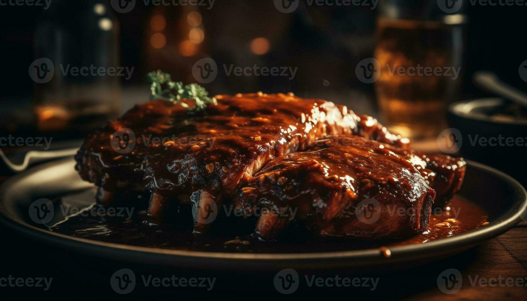 gegrillt Fleisch Teller mit Bohnenkraut Grill Soße generiert durch ai foto