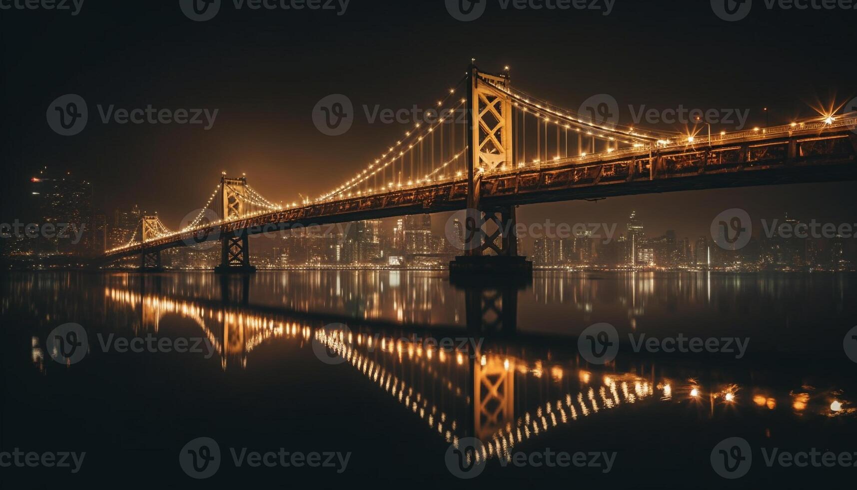 beleuchtet Suspension Brücke spiegelt auf direkt am Wasser beim Dämmerung generiert durch ai foto