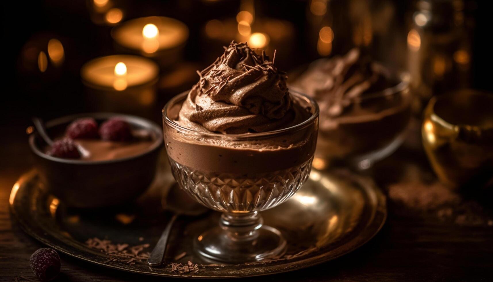 Whiskey Mousse und Schokolade Genuss auf Holz generiert durch ai foto