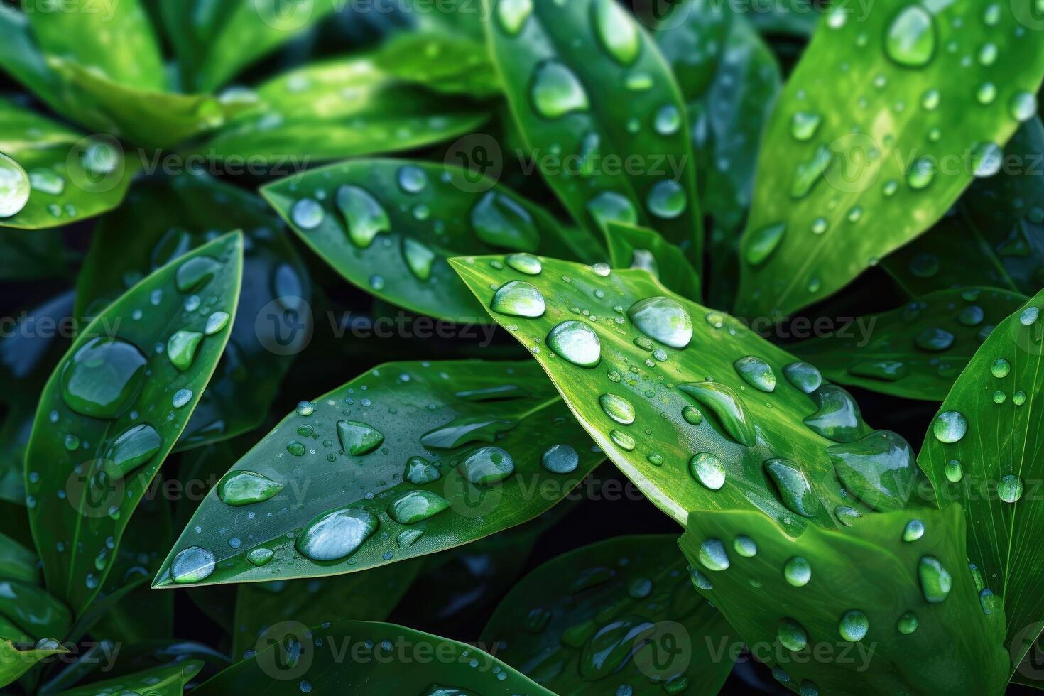 glitzernd Wasser Tröpfchen auf Grün Blätter ai generiert foto
