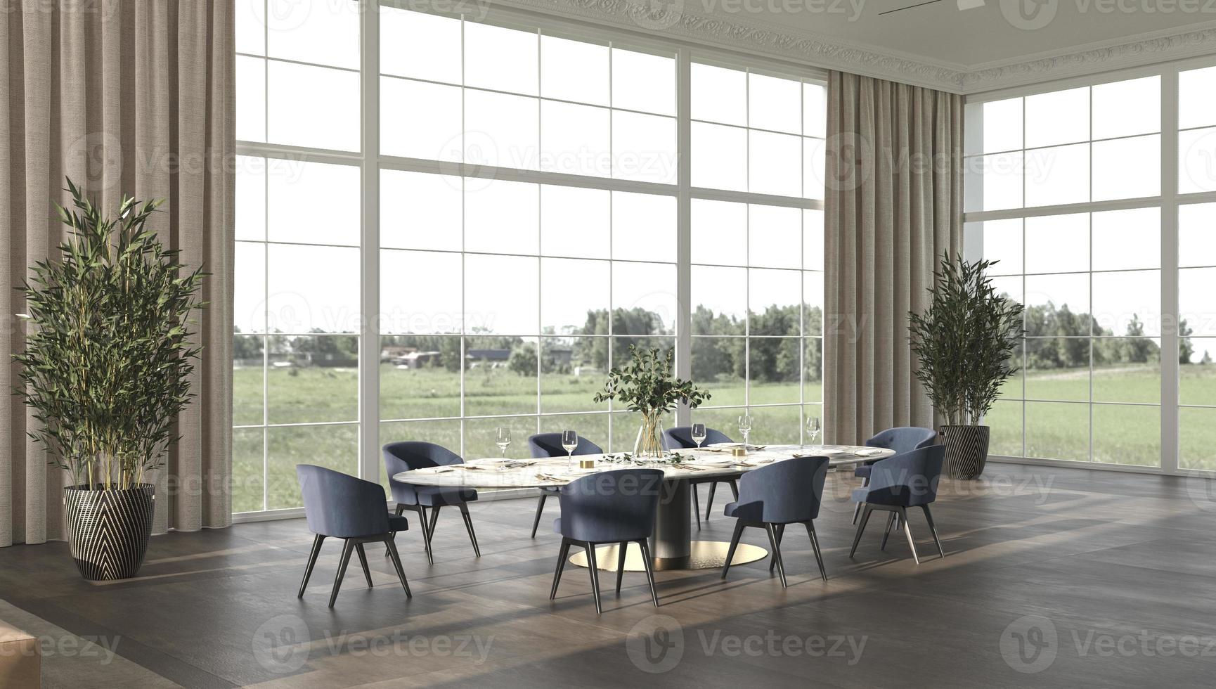 Luxus-Esszimmer mit Sonnenlicht und Naturpanoramaansicht Hintergrund 3d rendern Illustration beige Innenarchitektur foto