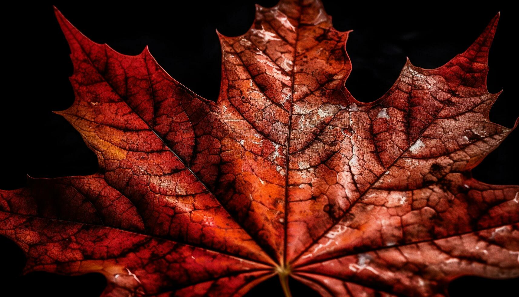 beschwingt Herbst Blatt mit texturiert Gold Vene generiert durch ai foto