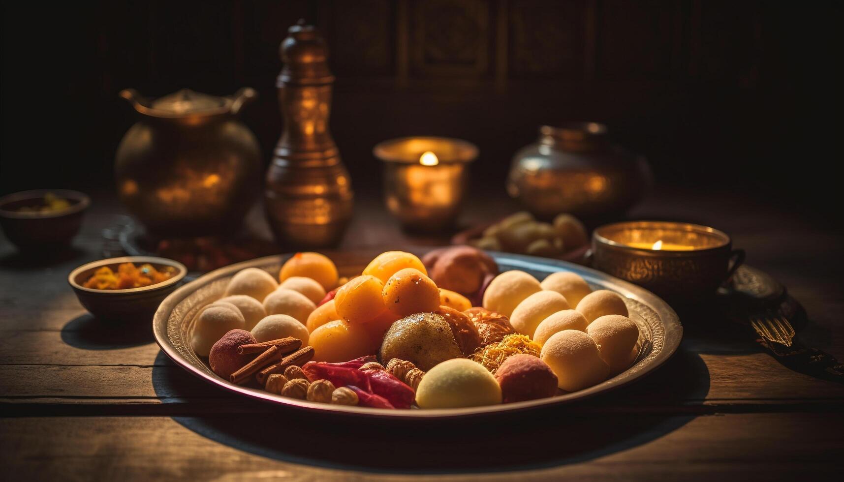 hölzern Tabelle hält Gourmet Mahlzeit mit Vielfalt generiert durch ai foto