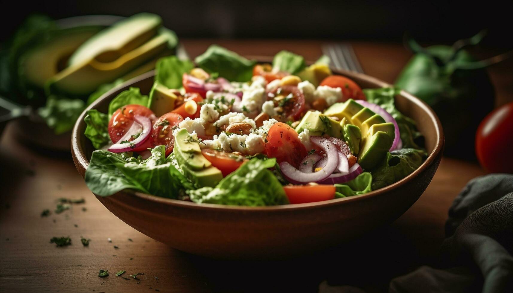 frisch Salat Schüssel mit organisch Gemüse und Mozzarella generiert durch ai foto