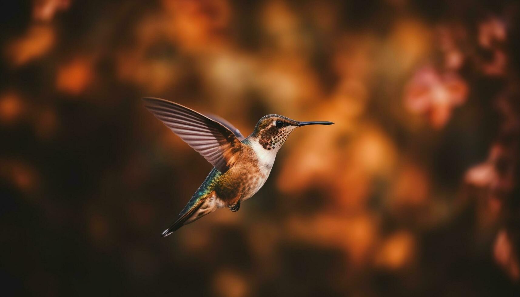 irisierend Kolibri schwebt Mitte Luft, Verbreitung Flügel generiert durch ai foto