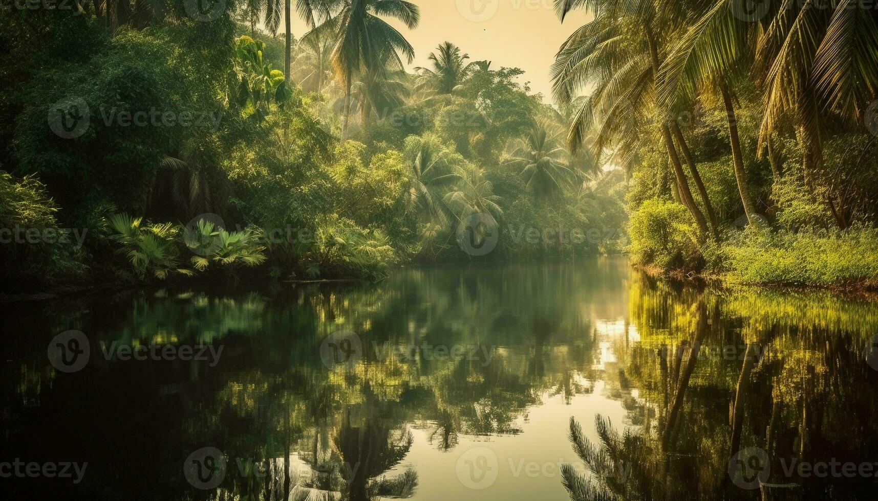 still Szene von Palme Bäume reflektieren im Teich generiert durch ai foto