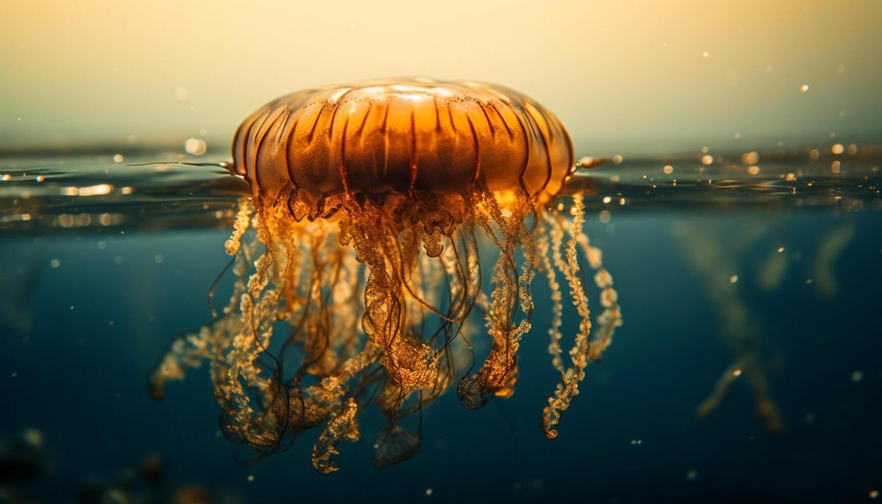 glühend Meduse schwimmt im still Salzwasser Riff generiert durch ai foto