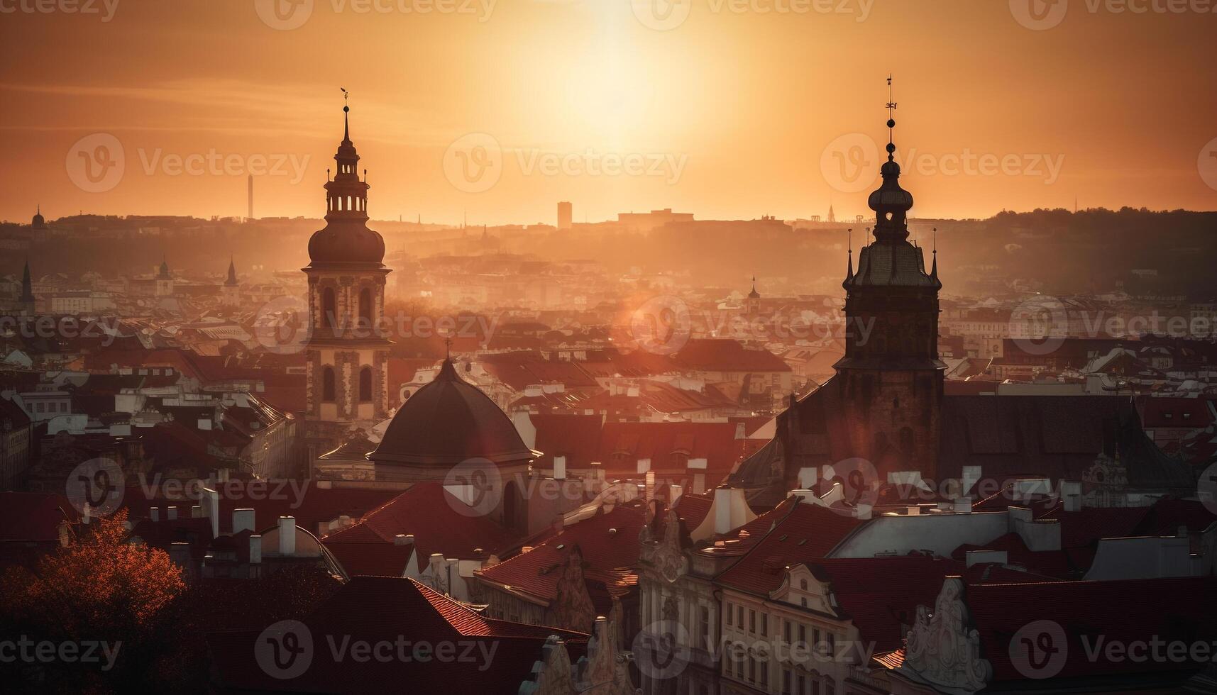 Sonnenuntergang leuchtet berühmt Stadt Horizont, Reich im Geschichte generiert durch ai foto