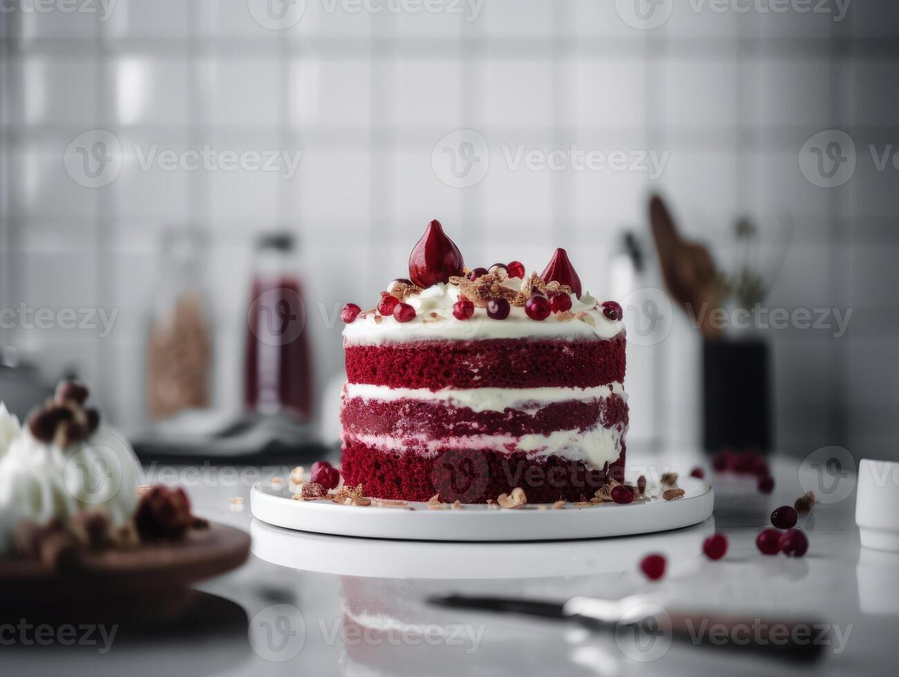 frisch rot Samt Kuchen mit lecker Creme. generativ ai foto