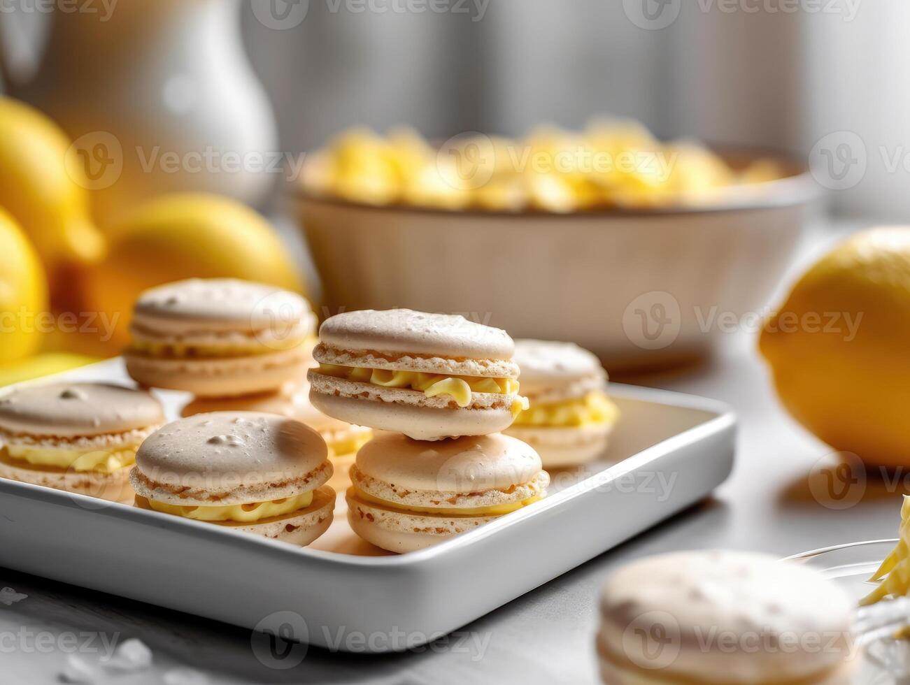 lecker Zitrone hausgemacht Macarons. generativ ai foto