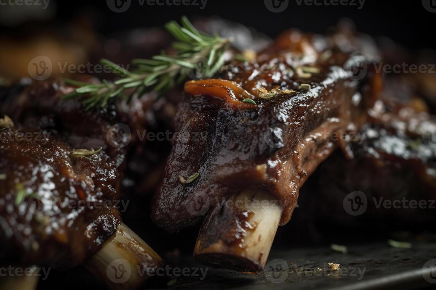 saftig Rippen Grill serviert mit Grün Gewürze. Sommer- Grill Mahlzeit mit lecker frisch Fleisch auf das Rippe Knochen. generiert ai. foto