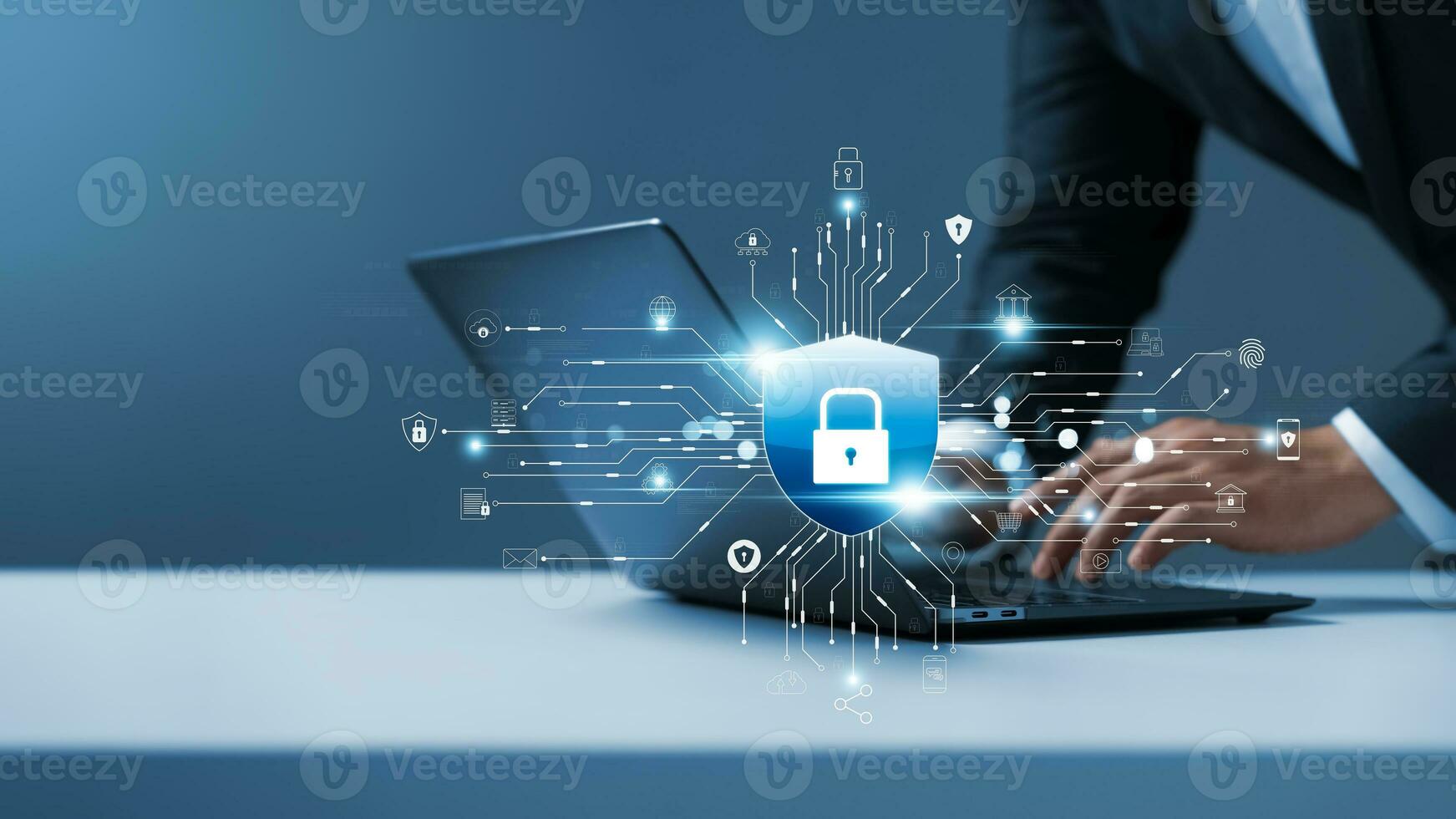Cyber Sicherheit und Daten Schutz, Geschäftsmann mit Laptop Internet Netzwerk Sicherheit System, schützen Geschäft und finanziell Transaktion Daten von Cyberangriffe, sichern Daten Verschlüsselung. foto