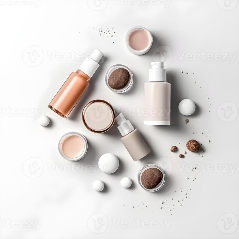 natürlich kosmetisch Produkte beim Farbe Hintergrund. Creme, Maske, Lotion zum Gesicht und Körper Pflege. oben Aussicht Bild mit Kopieren Raum. ai generiert foto