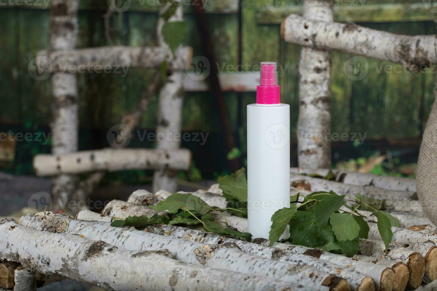 Haut und Haar Pflege Birke Saft Wasser im ein Plastik Flasche. foto