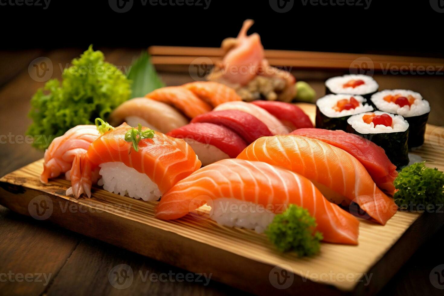 einstellen japanisch Meeresfrüchte Mahlzeit Japan Reis Fisch rollen Sushi Lebensmittel. generativ ai. foto