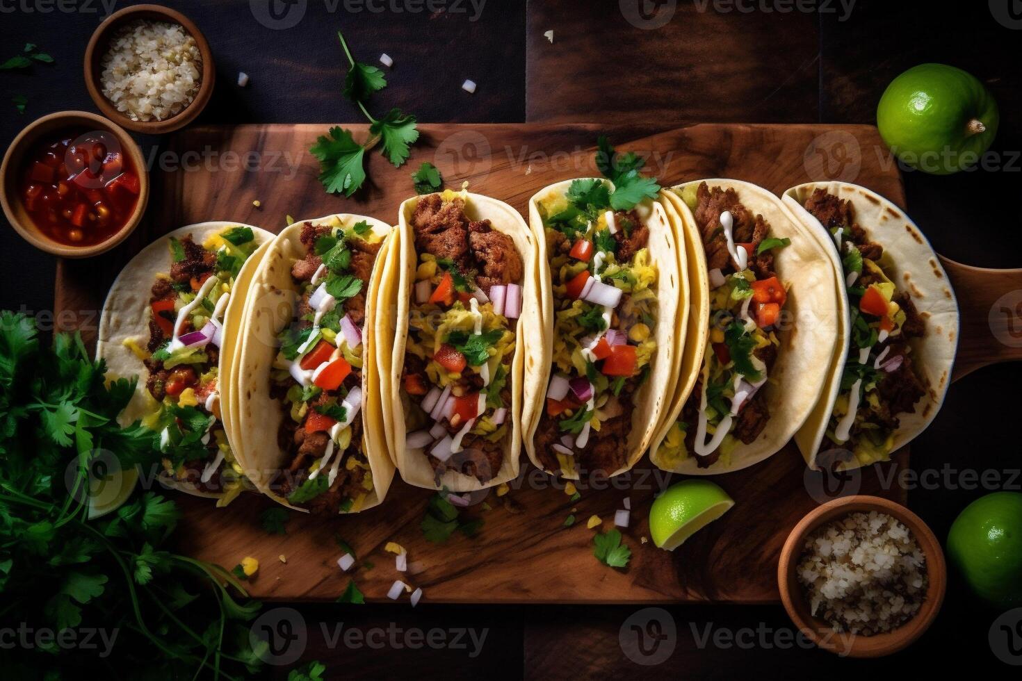 Taco Mexikaner Tomate Essen Mahlzeit Soße Chili Gemüse Pfeffer frisch. generativ ai. foto