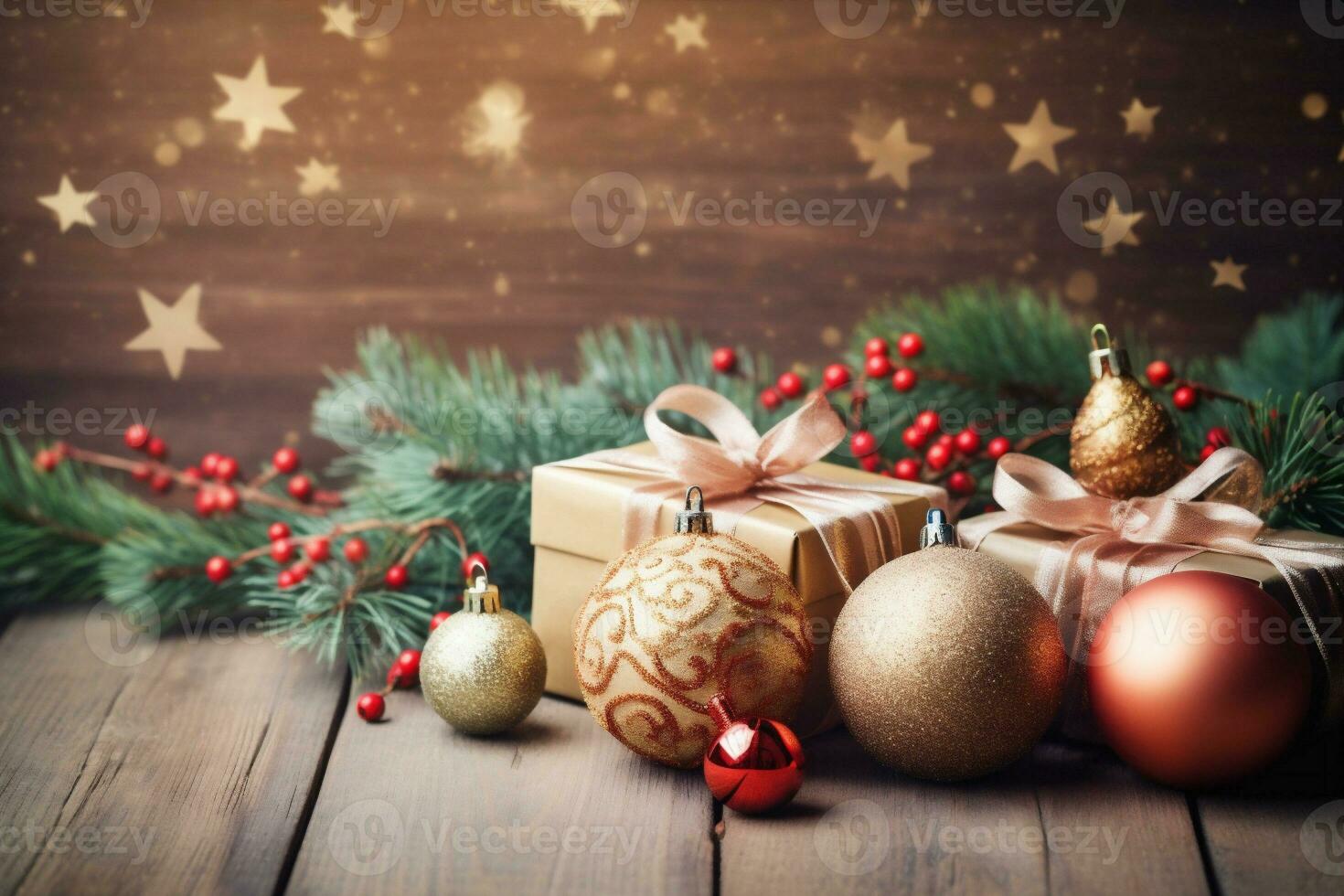 Gold Neu Dekoration Schneeflocken Baum Karte Urlaub Weihnachten Jahr Hintergrund Weihnachten Ball. generativ ai. foto