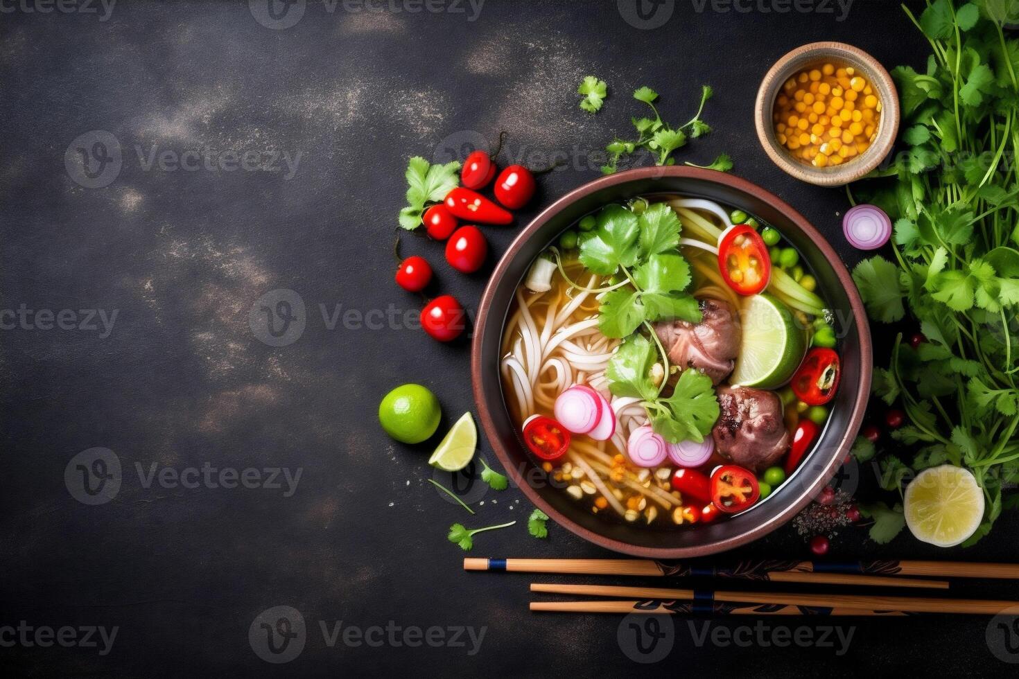 Nudel Hintergrund heiß Schüssel Essen Asien Gemüse Mahlzeit Suppe asiatisch japanisch. generativ ai. foto