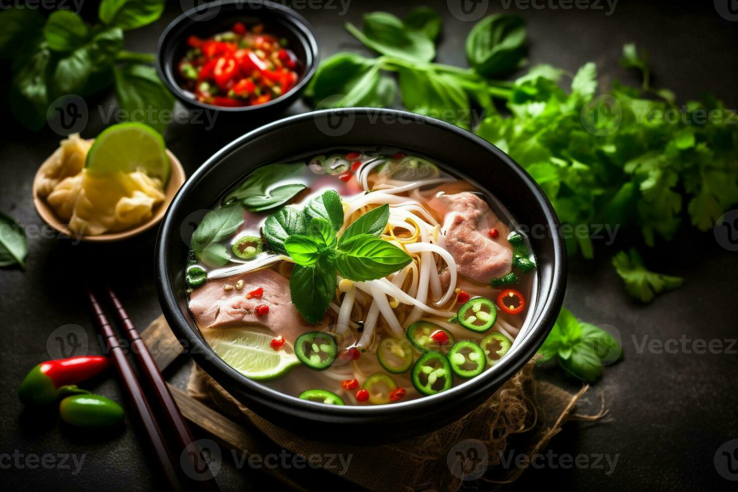 japanisch Essen Suppe asiatisch Hintergrund frisch Mahlzeit Gemüse heiß Nudel Schüssel. generativ ai. foto