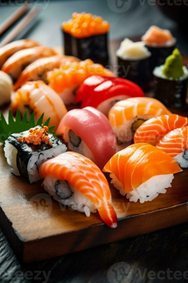Meeresfrüchte Mahlzeit rollen einstellen Reis Japan Sushi Essen Fisch japanisch. generativ ai. foto