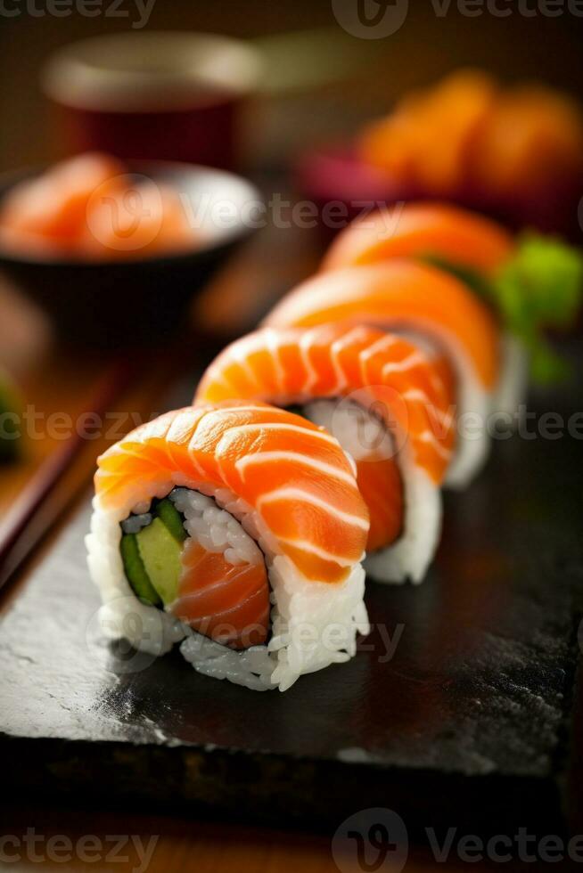 Essen rollen Japan Meeresfrüchte Mahlzeit Reis japanisch einstellen Sushi Fisch. generativ ai. foto