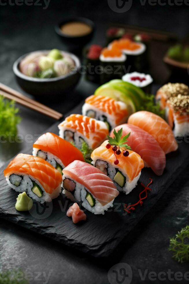 Mahlzeit Sushi Reis Fisch einstellen Meeresfrüchte Japan Essen rollen japanisch. generativ ai. foto