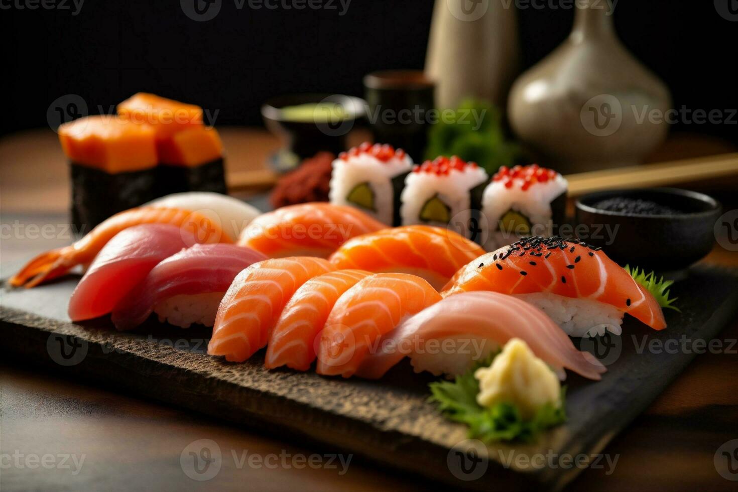 Sushi Mahlzeit Meeresfrüchte rollen Fisch japanisch Reis Essen einstellen Japan. generativ ai. foto