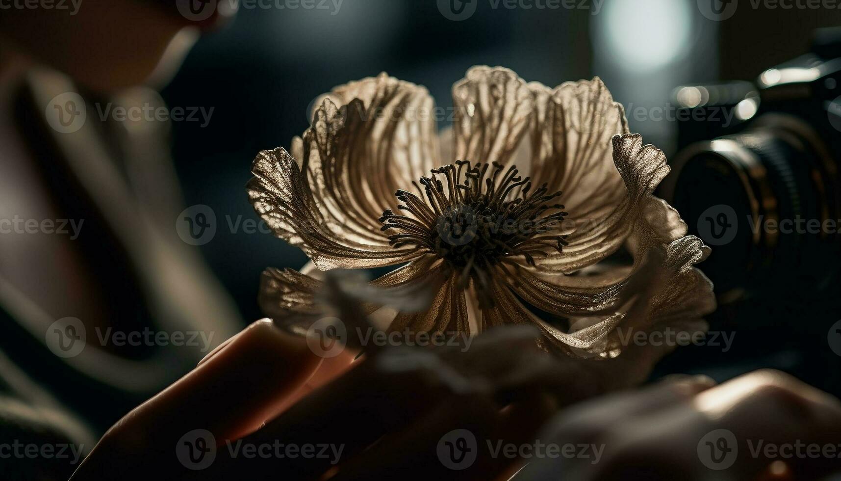 kaukasisch Frau halten Single Blume, Fotografieren draußen generiert durch ai foto