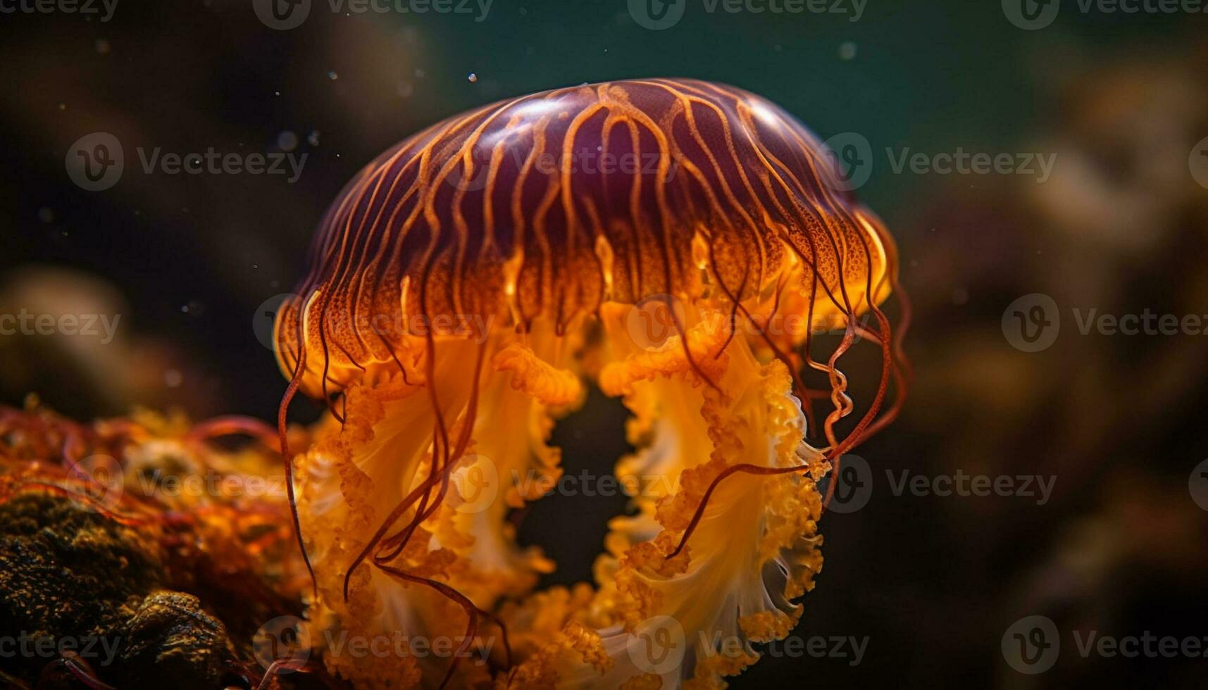 glühend Meduse schwimmt im bunt Koralle Riff generiert durch ai foto