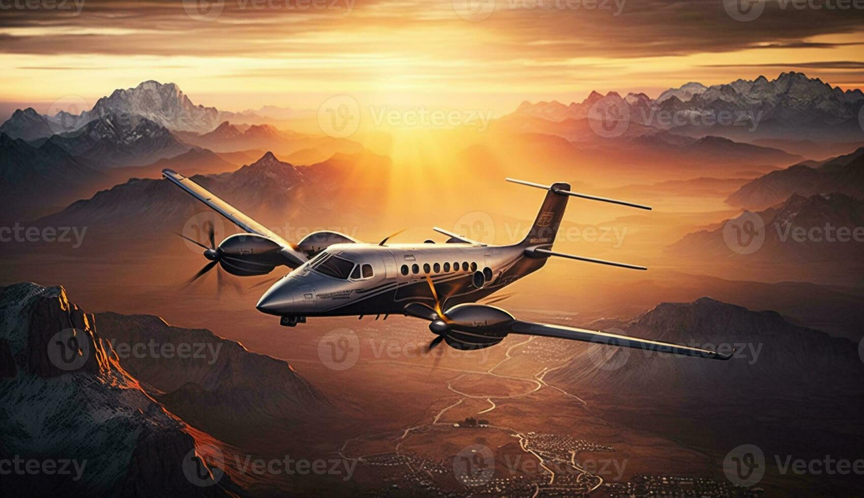 Flugzeug fliegend Über Berg Angebot beim Sonnenuntergang generiert durch ai foto