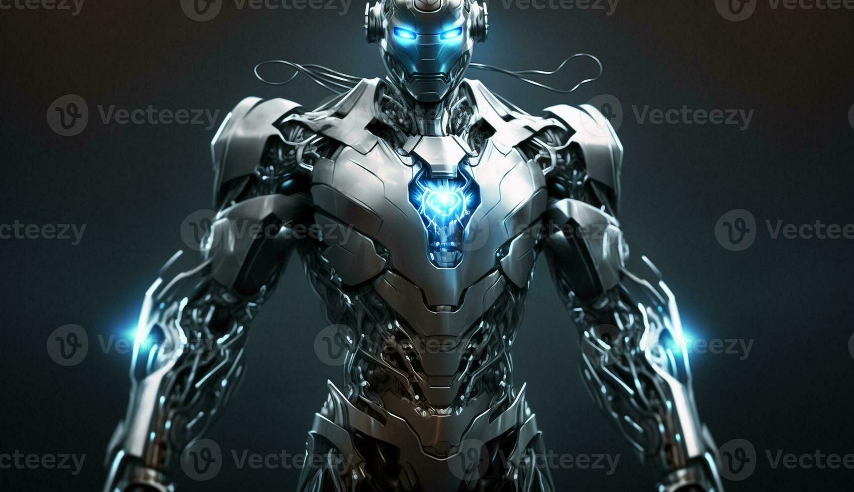 futuristisch Roboter mit mächtig Cyborg Torso und Arm generiert durch ai foto